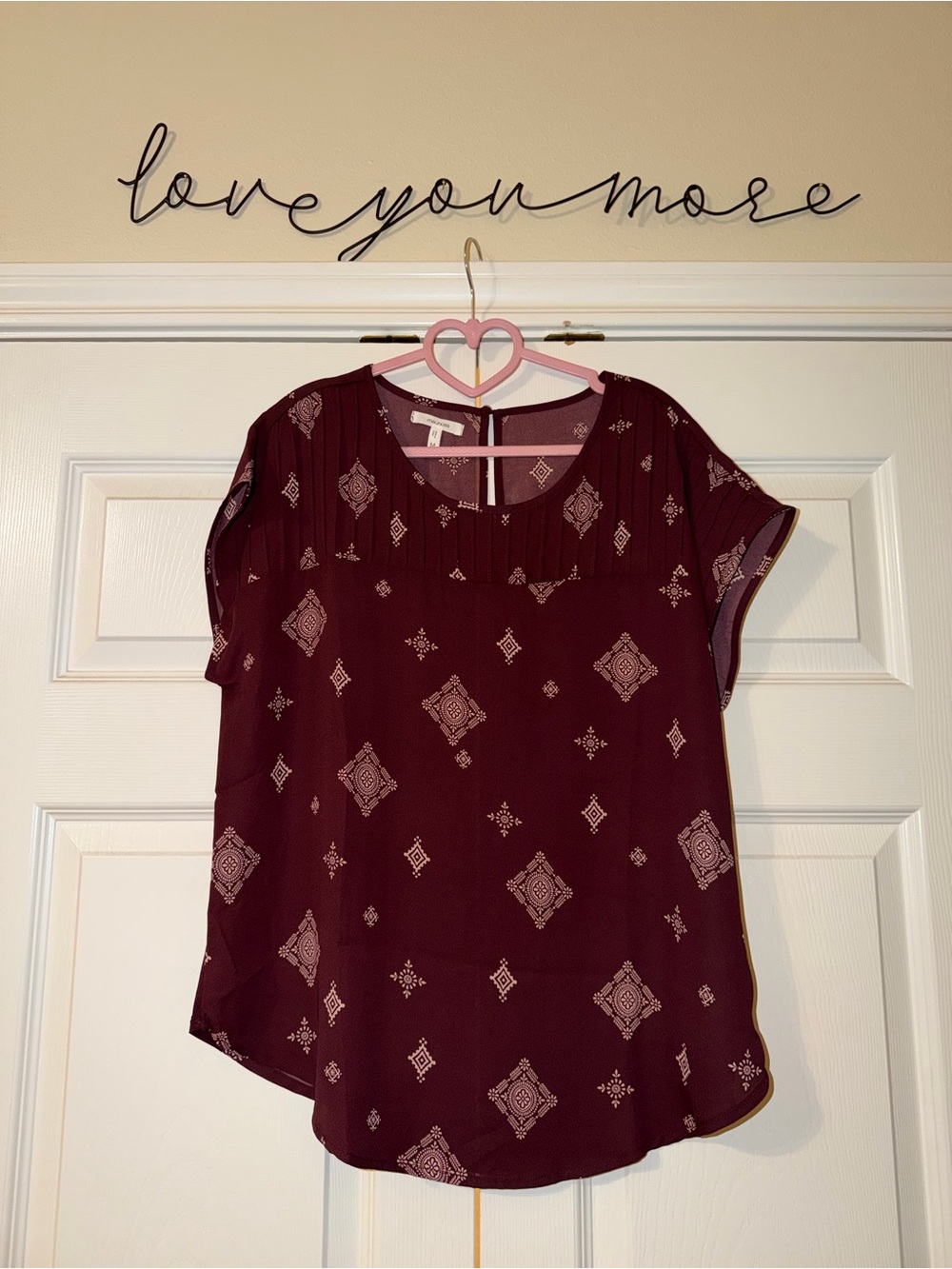 Maurices Maroon Geometric Print Short Sleeve Blouse